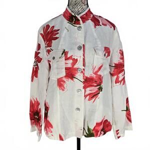 Carole Little 100% Linen Shirt XL Red Hibiscus Floral Mandarin Collar Boho Top